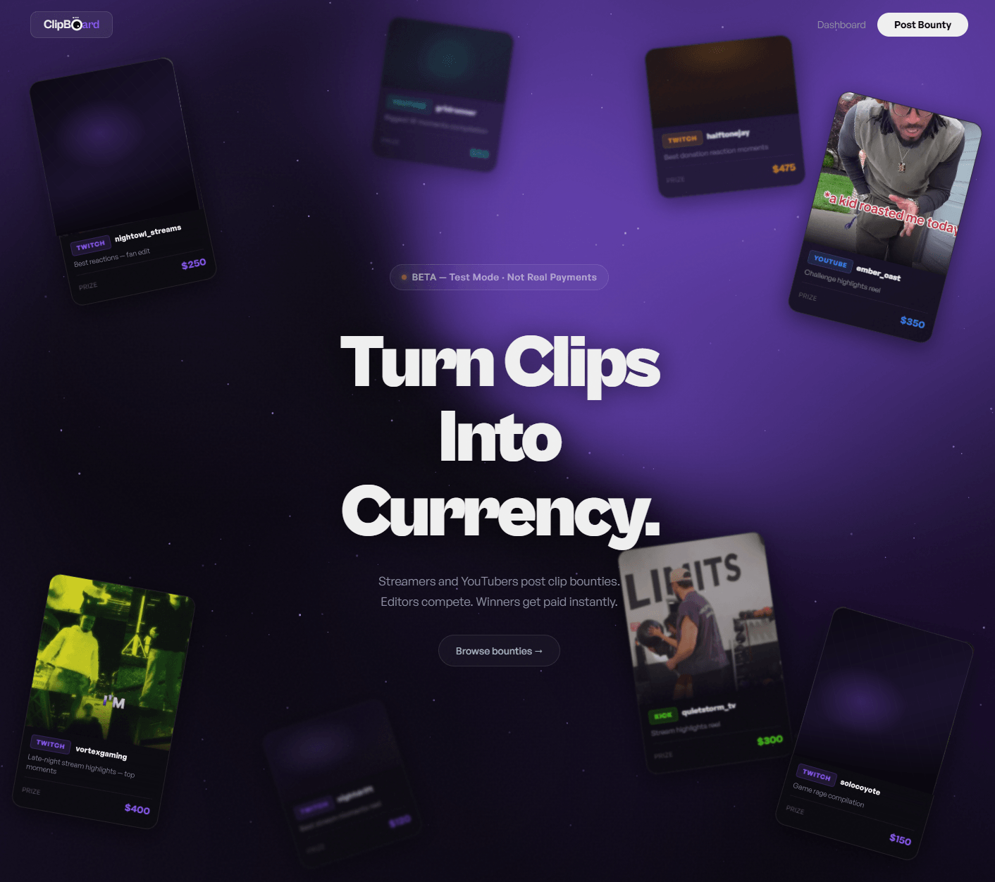 ClipBoard landing page: the headline Turn Clips Into Currency surrounded by floating bounty cards with platforms, creators and prizes.