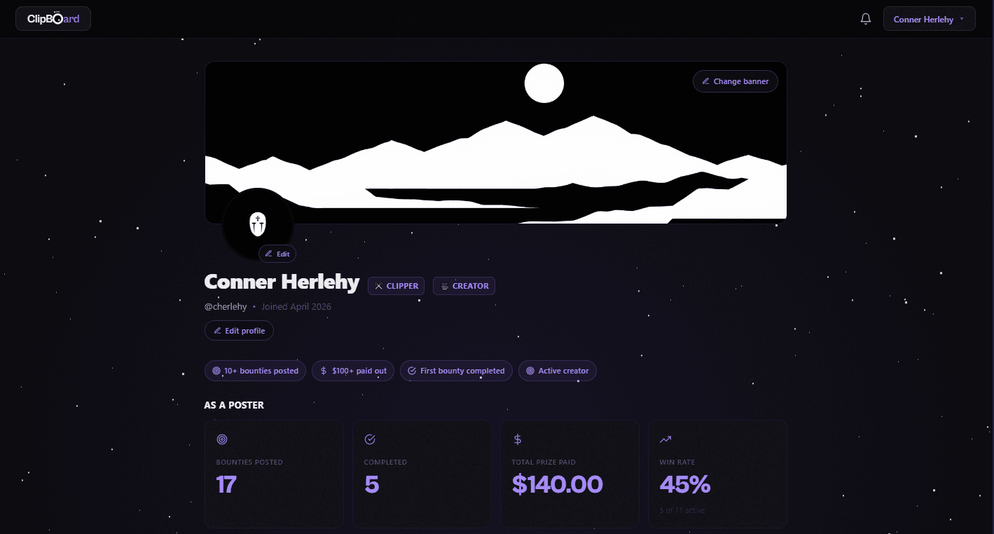 ClipBoard profile page with badges and poster statistics.