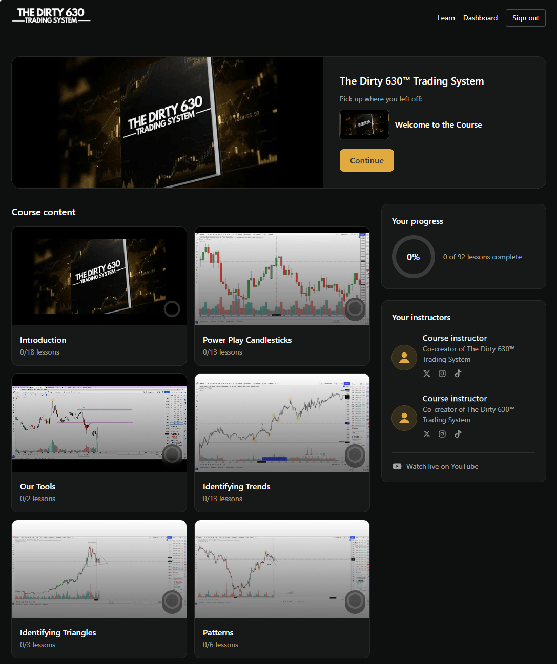 Member dashboard with the course key art, a continue-watching card, course modules and a progress ring.