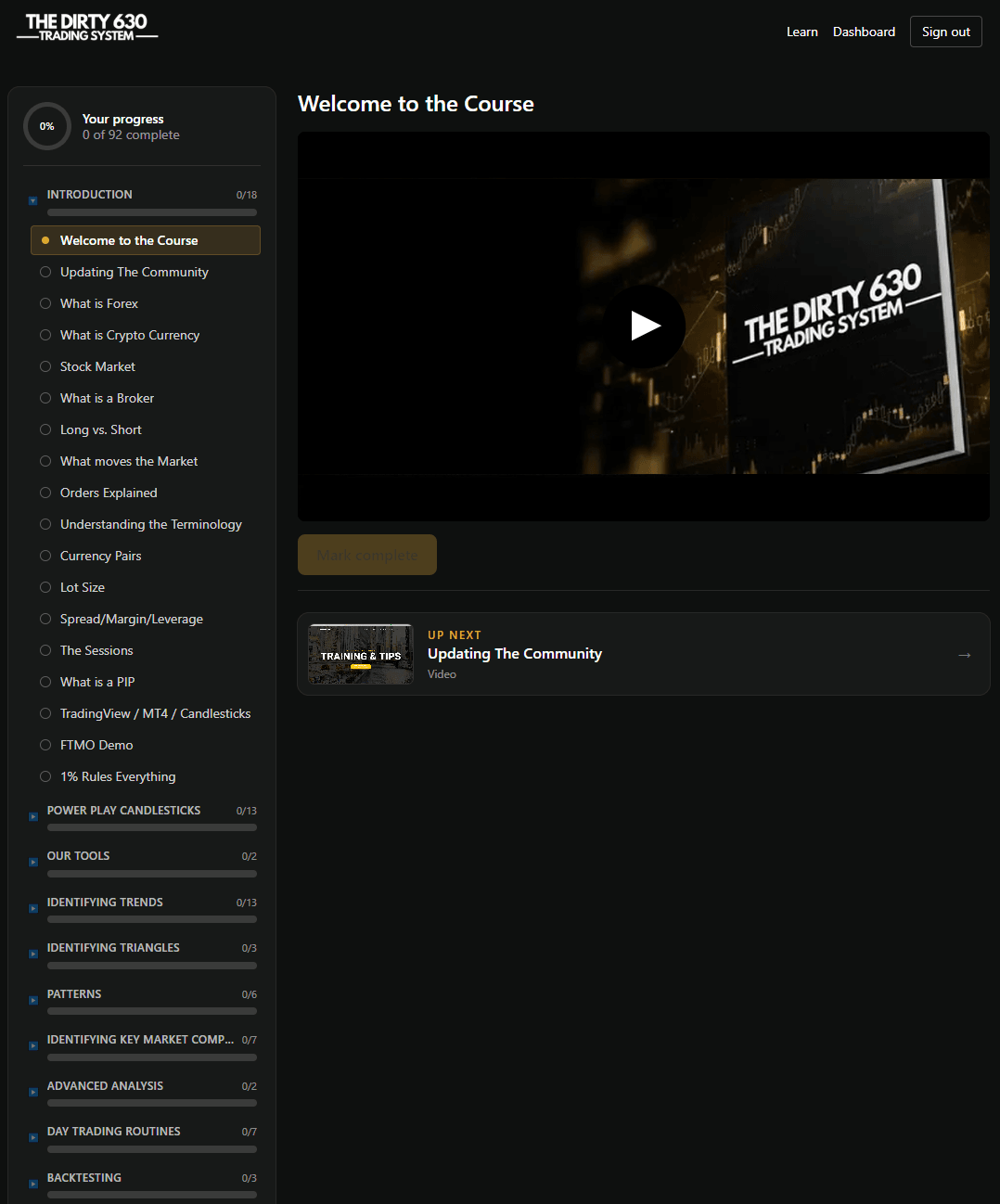 Lesson player with the module list and progress in a sidebar.