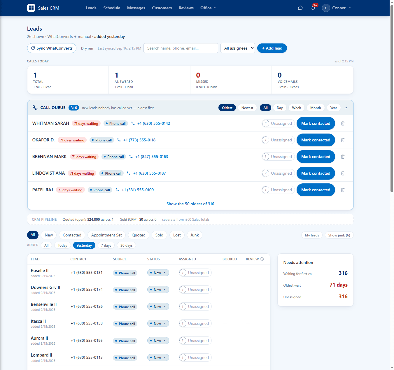 Lead screen of the contractor CRM: today's call counts, a call queue of uncontacted leads with phone numbers and Mark contacted buttons, and a filterable lead table.