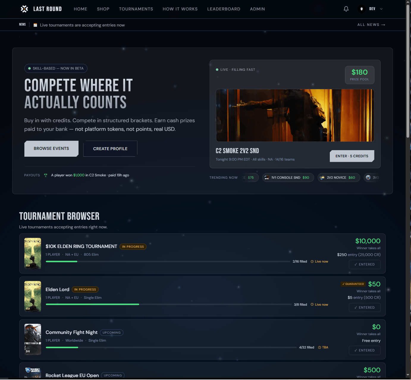 LastRound home screen: a featured live tournament with prize pool, a payouts ticker, and a tournament browser listing entry fees and prizes.
