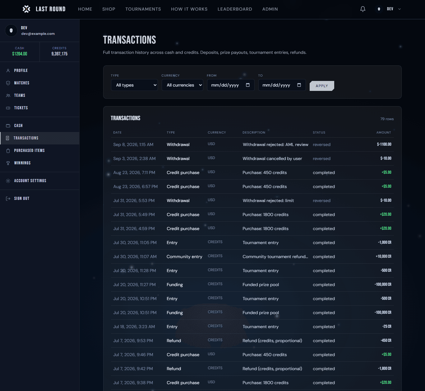 LastRound transactions ledger listing withdrawals, credit purchases, tournament entries and refunds with statuses and amounts.